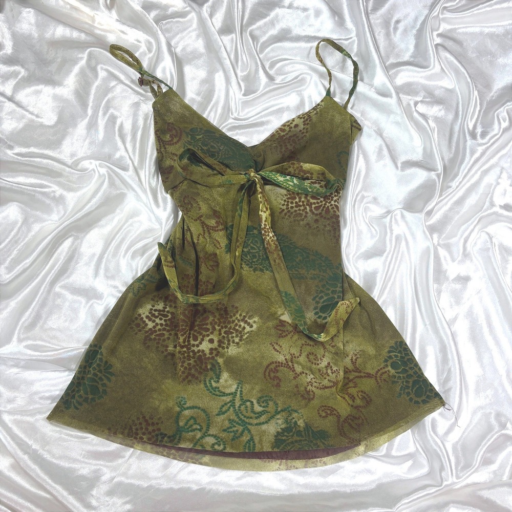 y2k Camisole Green Excellent Kenvelo Mesh Paisley Tie Front Adjustable Straps L